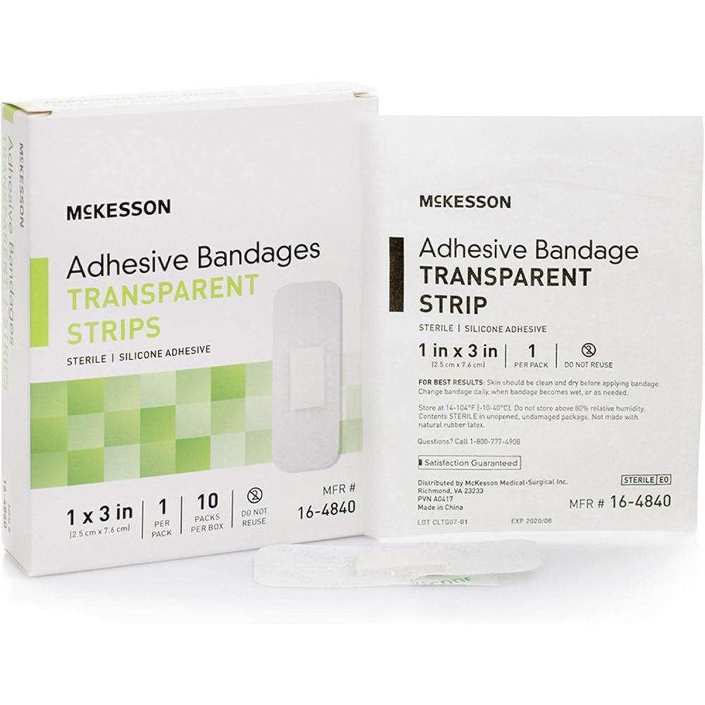 image:imageMcKesson Adhesive Bandage Transparent Strip Sterile Silicone Adhesive 1 in x 3 in 10 Count 1 Pack