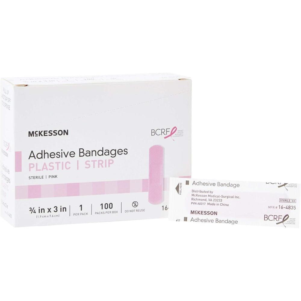 image:imageMcKesson Adhesive Bandages Sterile Fabric Strip Pink 34 in x 3 in 100 Count 1 Pack