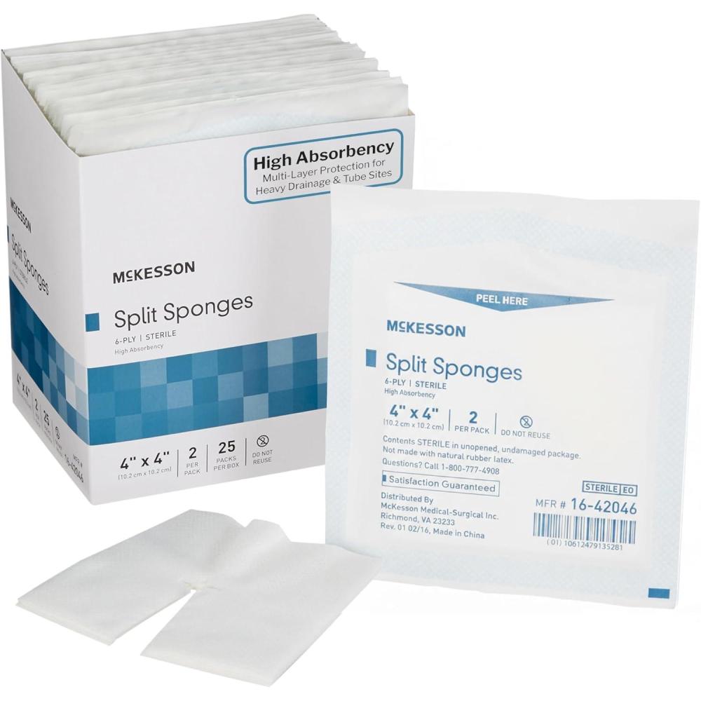 image:imageMcKesson High Absorbency Split Gauze Sponges 4x4 Inch 50 Sponges 25 Packs of 2 6Ply Sterile Tracheostomy amp Tube Dressings PreCut Slit for Drainage amp Catheters 2 per Pack4 X 4 Inch 50 ct