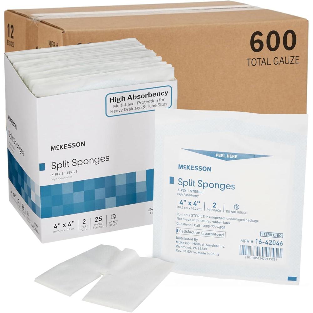 image:imageMcKesson High Absorbency Split Gauze Sponges 4x4 Inch 50 Sponges 25 Packs of 2  6Ply Sterile Tracheostomy amp Tube Dressings  PreCut Slit for Drainage amp Catheters  2 per Pack4 X 4 Inch  600 ct