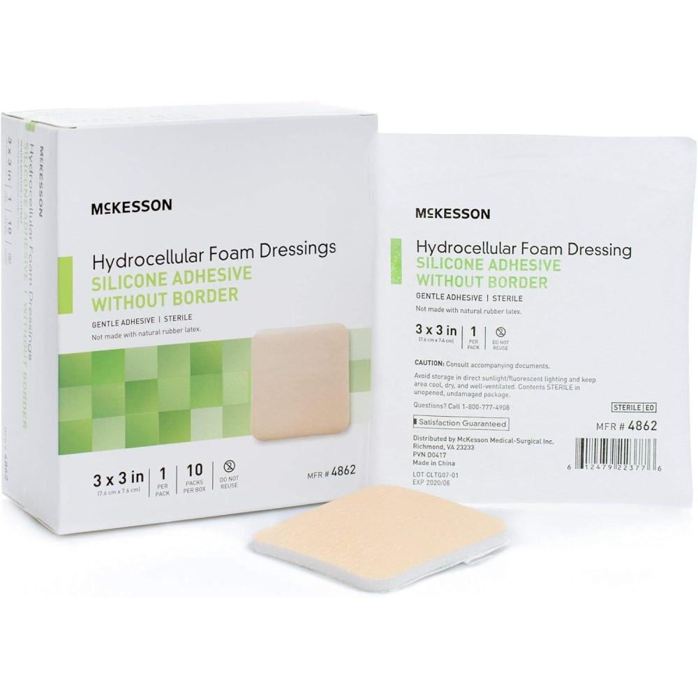 image:imageMcKesson Hydrocellular Foam Dressing Sterile Silicone Adhesive Without Border 3 in x 3 in 10 Count 1 Pack