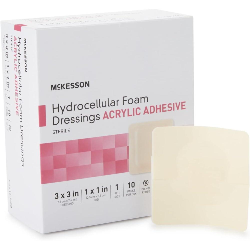 image:imageMcKesson Hydrocellular Foam Dressing with Acrylic Adhesive Wound Care Bandage 3 x 3 in 10 Count 10 Packs 100 Total3 X 3 Inch 10 ct