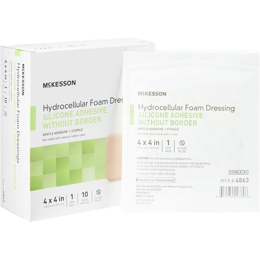 image:imageMcKesson Hydrocellular Foam Dressings Sterile Silicone Adhesive Without Border 4 in x 4 in 10 Count 1 Pack4 in x 4 in 10 Count