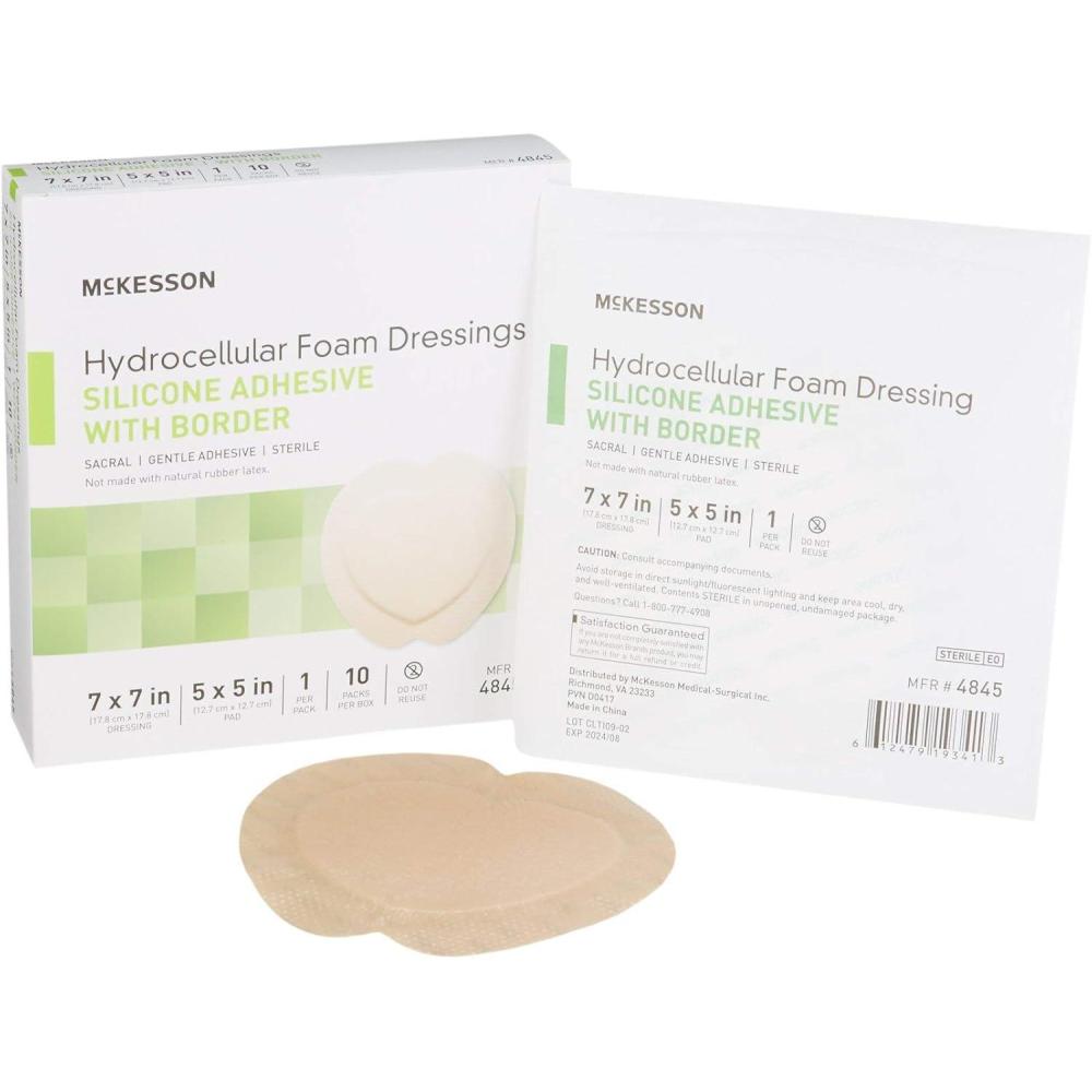 image:imageMcKesson Hydrocellular Foam Dressings Sterile Silicone Adhesive with Border Dimension 7 in x 7 in Pad 5 in x 5 in 10 Count 1 Pack10 Count