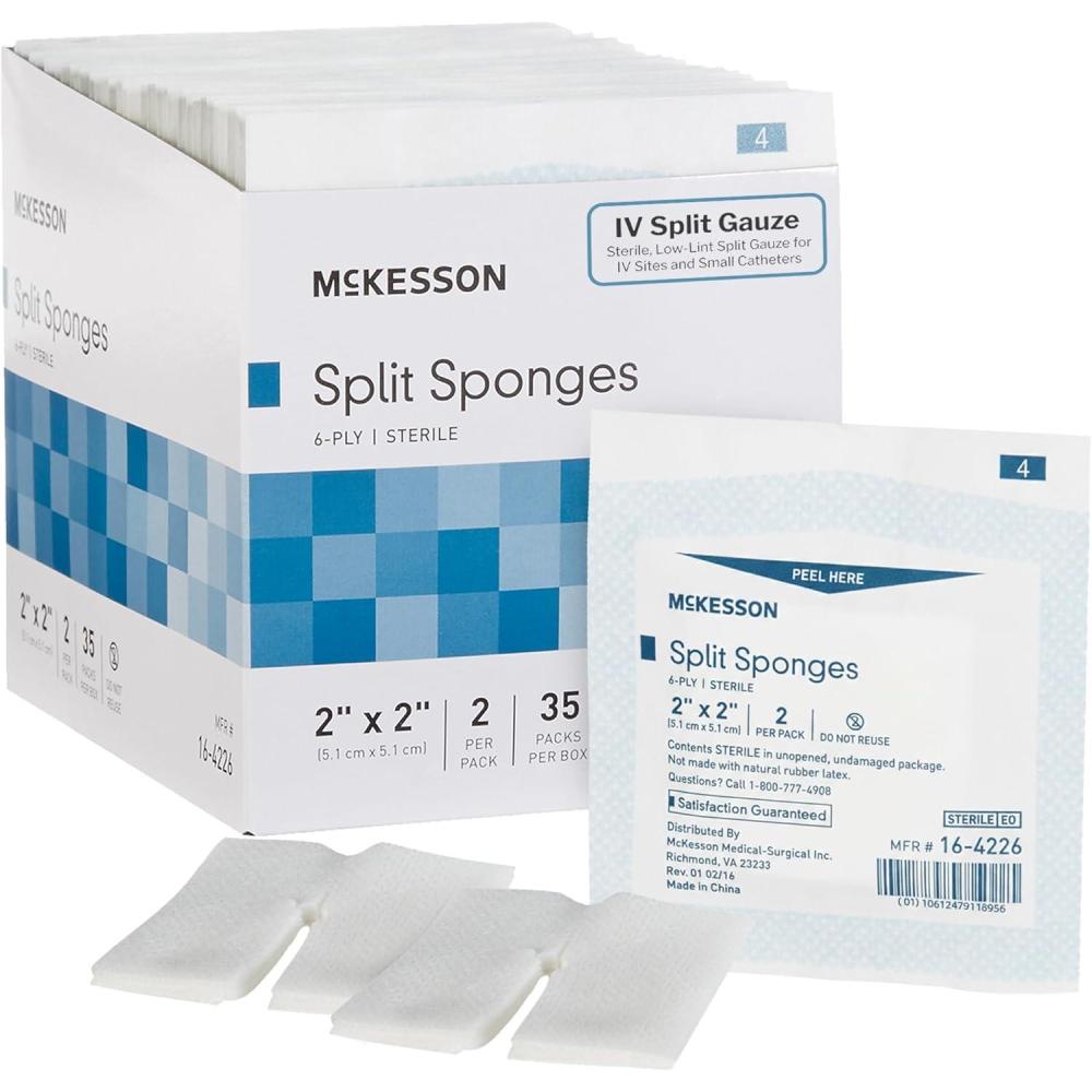 image:imageMcKesson IV Gauze Pads 2x2 Inch Sterile Split Sponges 1400 Sponges 20 Box Bulk LowLint Dressing for IV Sites Injection Ports amp Small Catheters 2 per Pack2x2 Inch