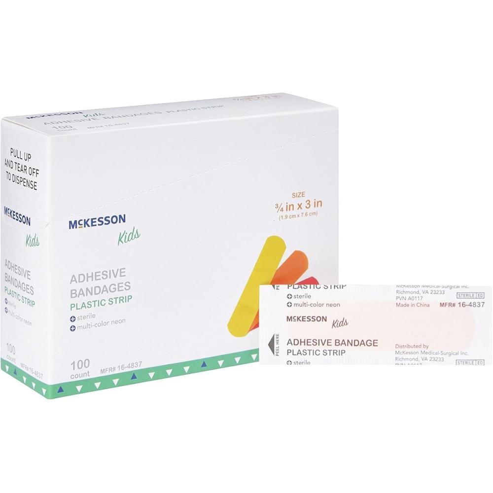 image:imageMcKesson Kids Adhesive Bandages Sterile Plastic Strip Neon 34 in x 3 in 100 Count 1 Pack