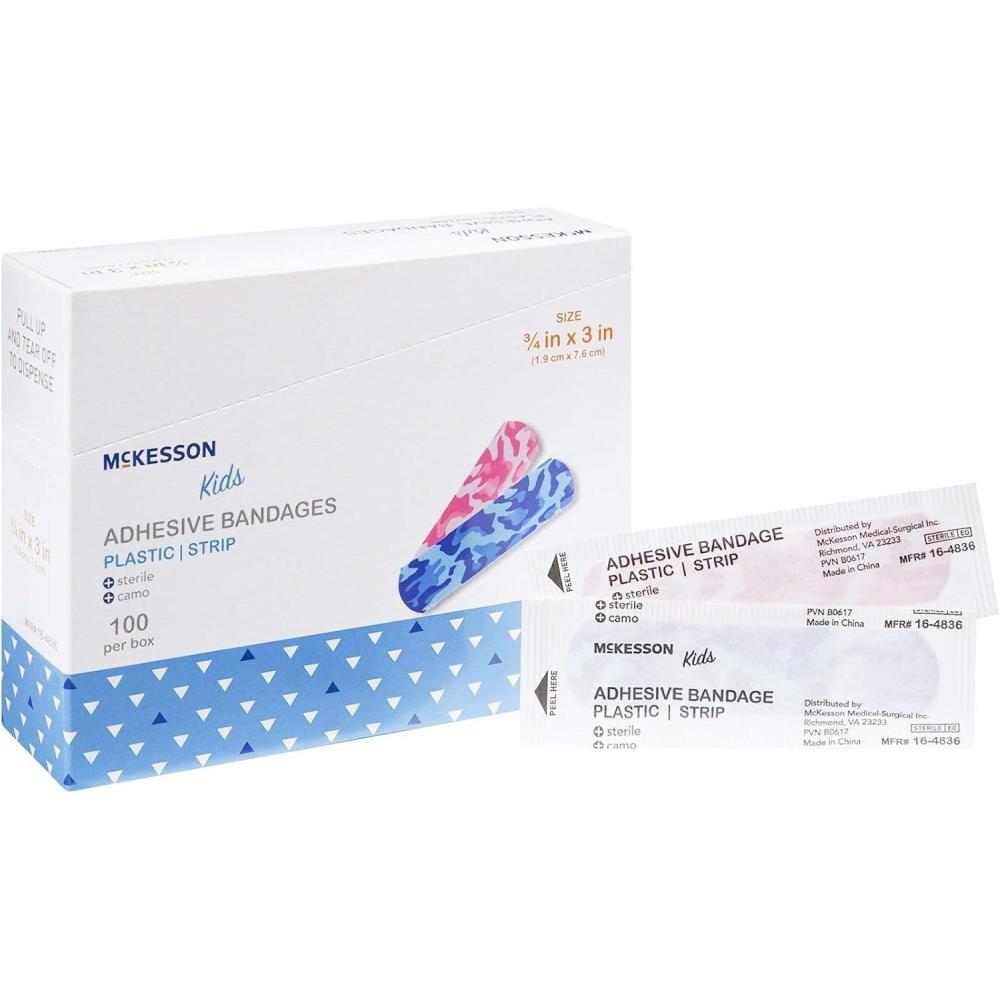image:imageMcKesson Kids Adhesive Bandages Sterile Plastic Strip PinkBlue 34 in x 3 in 100 Count 24 Packs 2400 Total