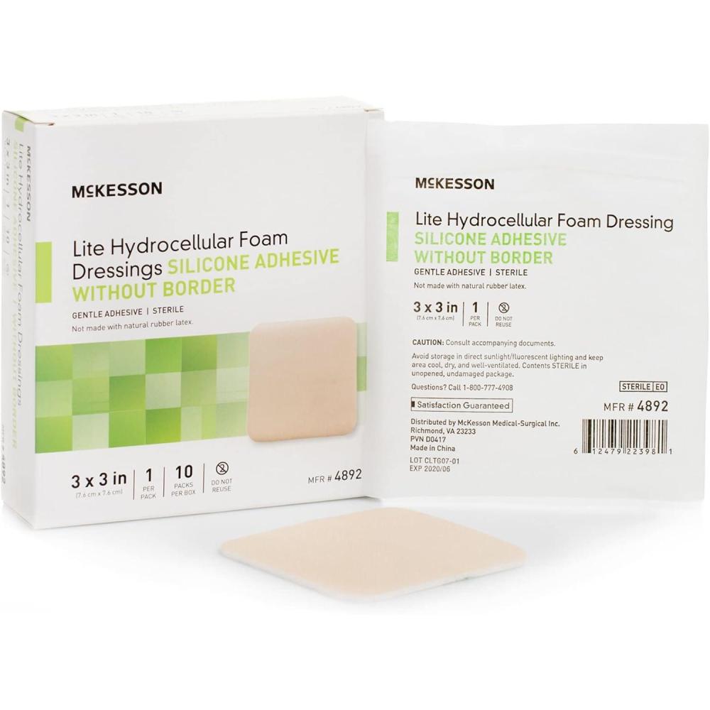 image:imageMcKesson Lite Hydrocellular Foam Dressings Sterile Silicone Adhesive Without Border 3 in x 3 in 10 Count 20 Packs 200 Total3 X 3 Inch 200 Count