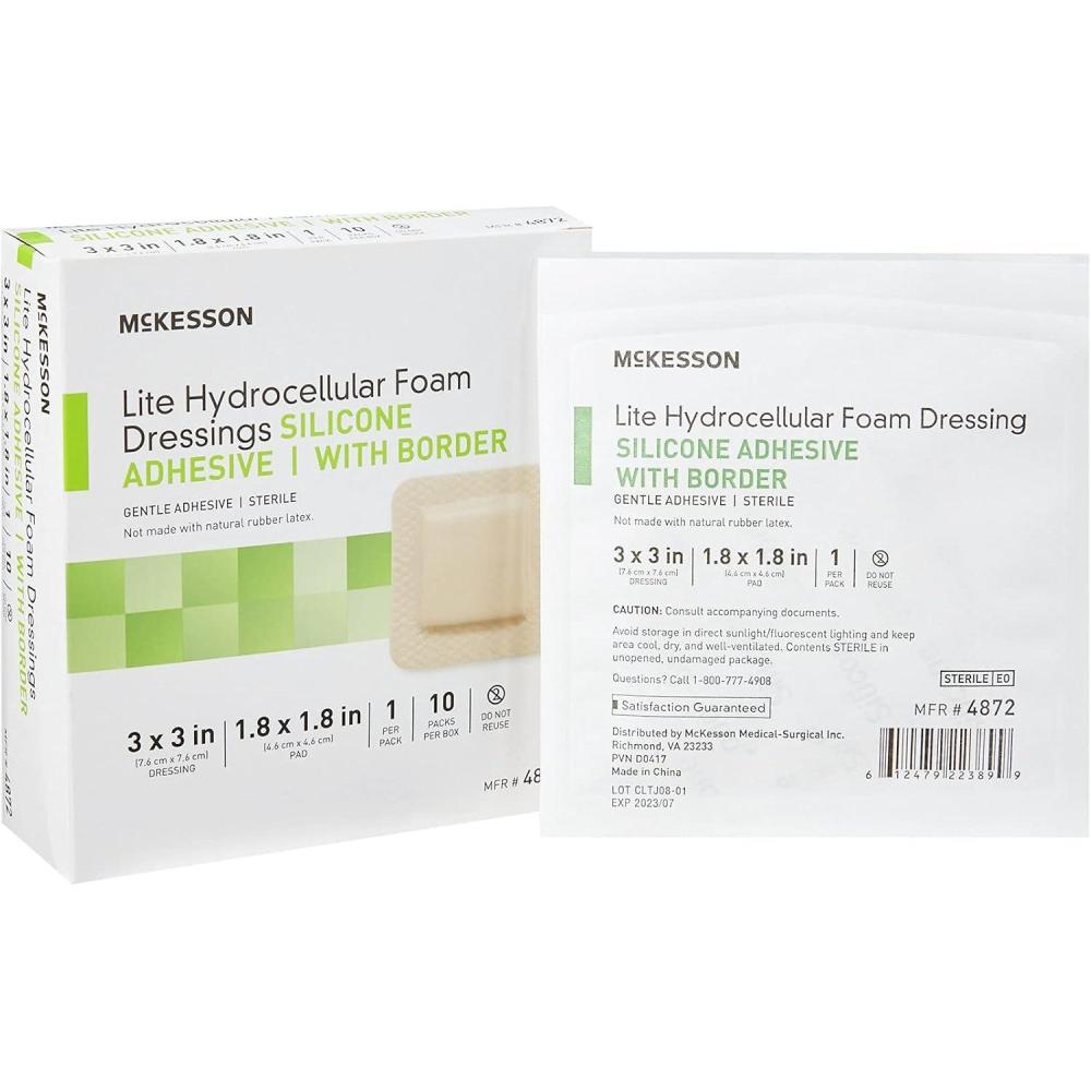 image:imageMcKesson Lite Hydrocellular Foam Dressings Sterile Silicone Adhesive with Border 3 in x 3 in 10 Count 20 Packs 200 Total3 X 3 Inch 200 Count