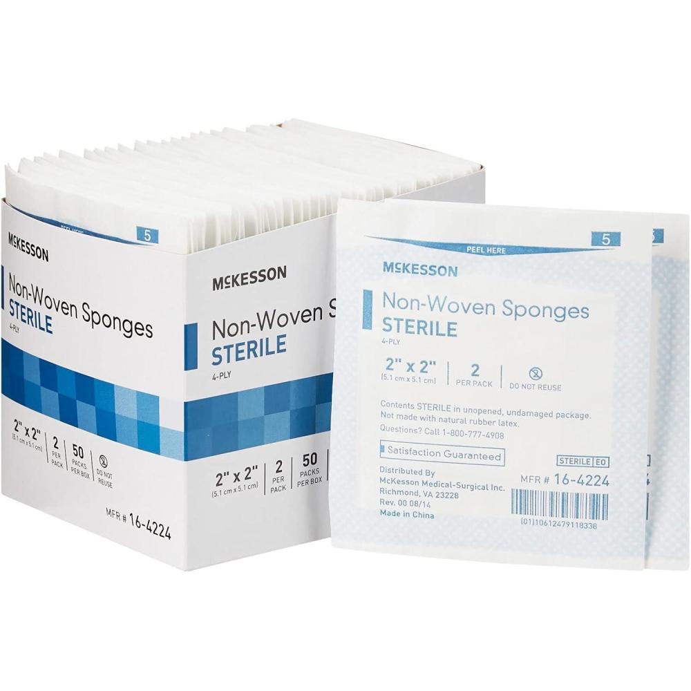 image:imageMcKesson NonWoven Sponges Sterile 4Ply PolyesterRayon 2 in x 2 in 2 per Pack 1500 Packs 3000 Total2x2 Inch 100 Count