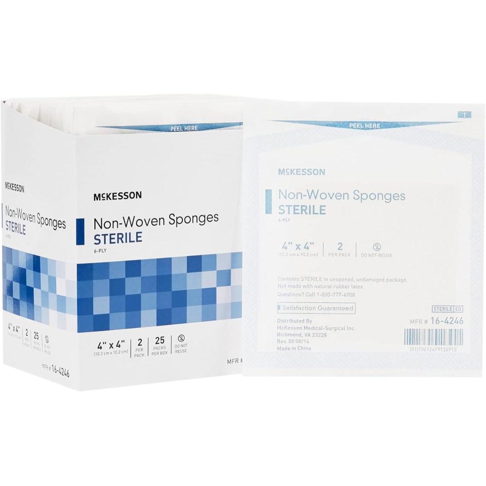image:imageMcKesson NonWoven Sponges Sterile 6Ply PolyesterRayon 4 in x 4 in 2 per Pack 25 Packs 50 Total