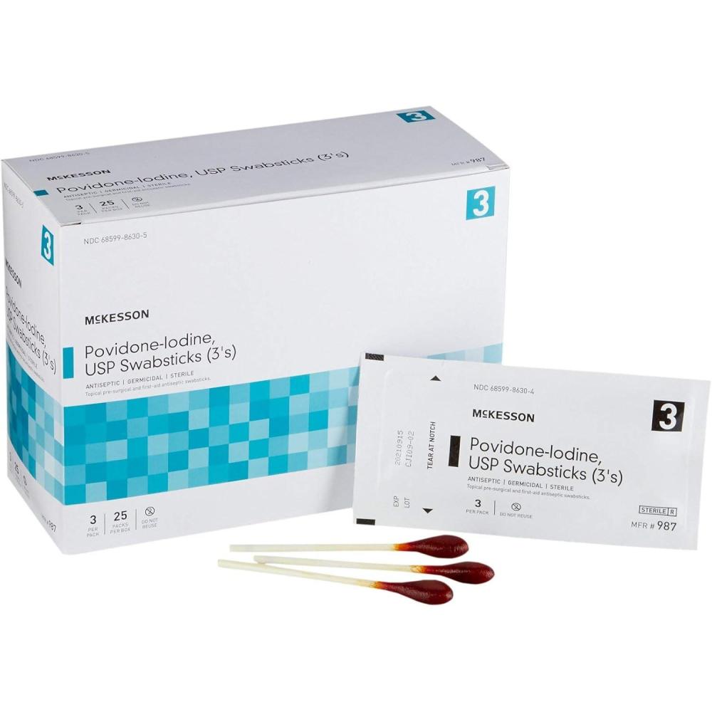 image:imageMcKesson Povidone Iodine 10 Swabs Stick 75 Sticks Sterile Swabsticks Topical PreSurgical and First Aid 3 Per Pack 25 Packs75 ct