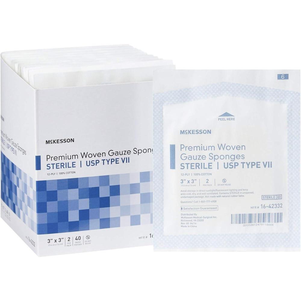 image:imageMcKesson Premium Woven Gauze Sponges Sterile 12Ply USP Type VII 100 Cotton 3 in x 3 in 2 per Pack 40 Packs 80 Total