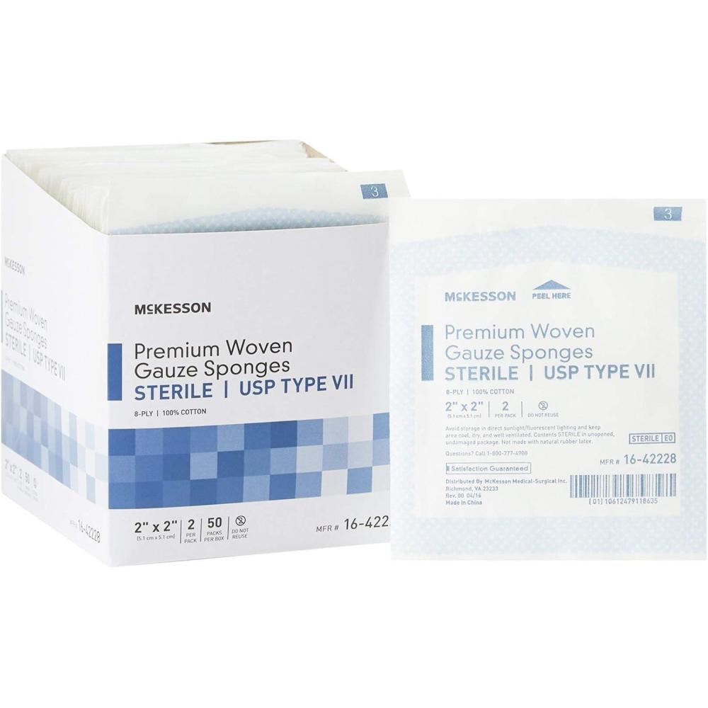 image:imageMcKesson Premium Woven Gauze Sponges Sterile 8Ply USP Type VII 100 Cotton 2 in x 2 in 2 per Pack 50 Packs 100 Total2 X 2 Inch 100 Count
