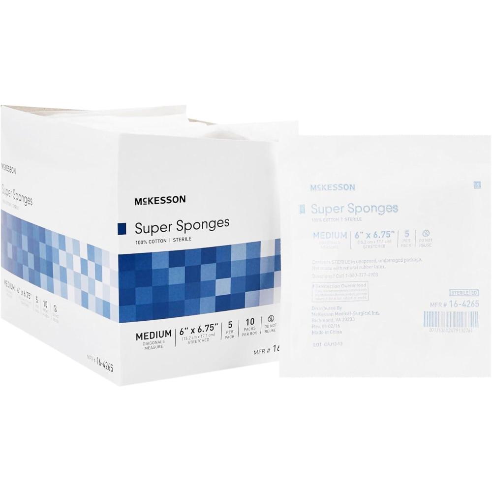 image:imageMcKesson Super Sponges Sterile 100 Cotton Fluff Dressing 6 in x 6 34in 5 per Pack 10 Packs 50 Total6 X 634 Inch 450 ct