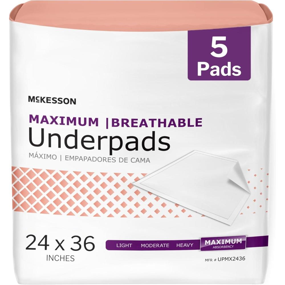 image:imageMcKesson Underpads Disposable Bed Pads 24 x 36 5 Count Maximum Absorbency Maximum Breathable Incontinence Chux Pads for Adults Elderly and Baby Pee Pads24x36 Inch Pack of 5