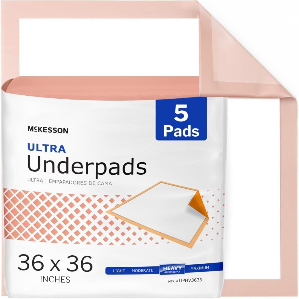 image:imageMcKesson Underpads Disposable Bed Pads 36 x 36 5 Count Heavy Absorbency Ultra Incontinence Chux for Adults Elderly and Baby Pee Pads