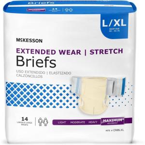 McKesson Extended Wear Stretch Briefs, 56 Count, Size L/XL (48–66 in) – Overnight Adult Diapers with Tabs, Maximum Absorbency, Unisex Disposable Incontinence Briefs for Men and Women(Large / X-Large (14 Count))