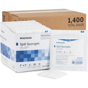 McKesson High Absorbency Split Gauze Sponges 4×4 Inch (50 Sponges, 25 Packs of 2) – 6-Ply Sterile Tracheostomy & Tube Dressings – Pre-Cut Slit for Drainage & Catheters – 2 per Pack(2 X 2 Inch ( 1400 ct))