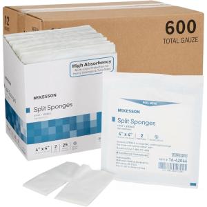 McKesson High Absorbency Split Gauze Sponges 4×4 Inch (50 Sponges, 25 Packs of 2) – 6-Ply Sterile Tracheostomy & Tube Dressings – Pre-Cut Slit for Drainage & Catheters – 2 per Pack(4 X 4 Inch ( 600 ct))