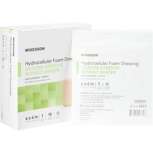 McKesson Hydrocellular Foam Dressings, Sterile, Silicone Adhesive Without Border, 4 in x 4 in, 10 Count, 1 Pack(4 in x 4 in (10 Count))