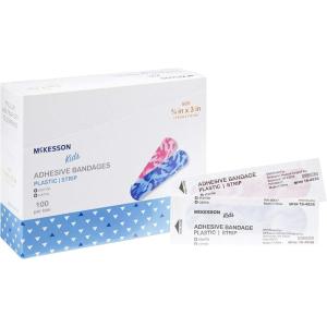 McKesson Kids Adhesive Bandages, Sterile, Plastic Strip, Pink/Blue, 3/4 in x 3 in, 100 Count, 24 Packs, 2400 Total