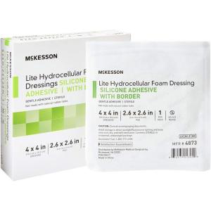 McKesson Lite Hydrocellular Foam Dressings, Sterile, Silicone Adhesive with Border, 3 in x 3 in, 10 Count, 20 Packs, 200 Total(4 X 4 Inch (200 Count))