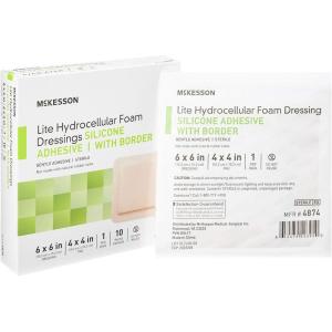 McKesson Lite Hydrocellular Foam Dressings, Sterile, Silicone Adhesive with Border, 3 in x 3 in, 10 Count, 20 Packs, 200 Total(6 X 6 Inch (10 Count))