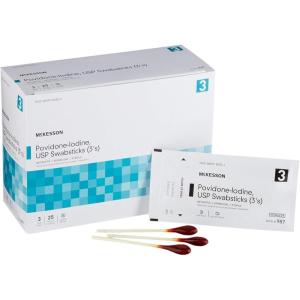 McKesson Povidone Iodine 10% Swabs Stick [75 Sticks], Sterile Swabsticks, Topical Pre-Surgical and First Aid, 3 Per Pack, 25 Packs((75 ct))