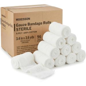 McKesson Sterile Gauze Roll Bandages, 6-ply Premium Medical Supplies & First Aid Supplies, Bandage Wrap Vet Wrap, 96 Pack, 3.4 in x 3.6 Yards(3.4″ x 3.6 yd (96 Count))