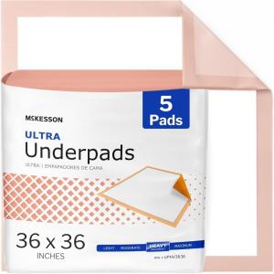 McKesson Underpads Disposable Bed Pads 36″ x 36″ [5 Count], Heavy Absorbency, Ultra Incontinence Chux for Adults, Elderly, and Baby, Pee Pads