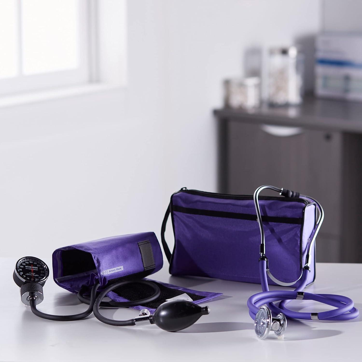 image:imageMcKesson Aneroid Sphygmomanometer and Stethoscope Kit Pocket Blood Pressure GaugeCuff Sprague Rappaport Stethoscope Purple Size 11 2340 cm 55 cm Tube 1 Count