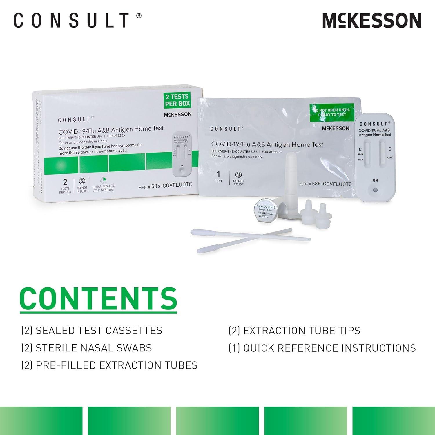 image:imageMcKesson Consult COVID19Flu AampB Antigen AtHome Test Kit 20 Tests Easy SelfTest with Rapid Results in 15 Minutes OTC Nasal Swab Ages 2 10 Boxes 2 Tests per Box10