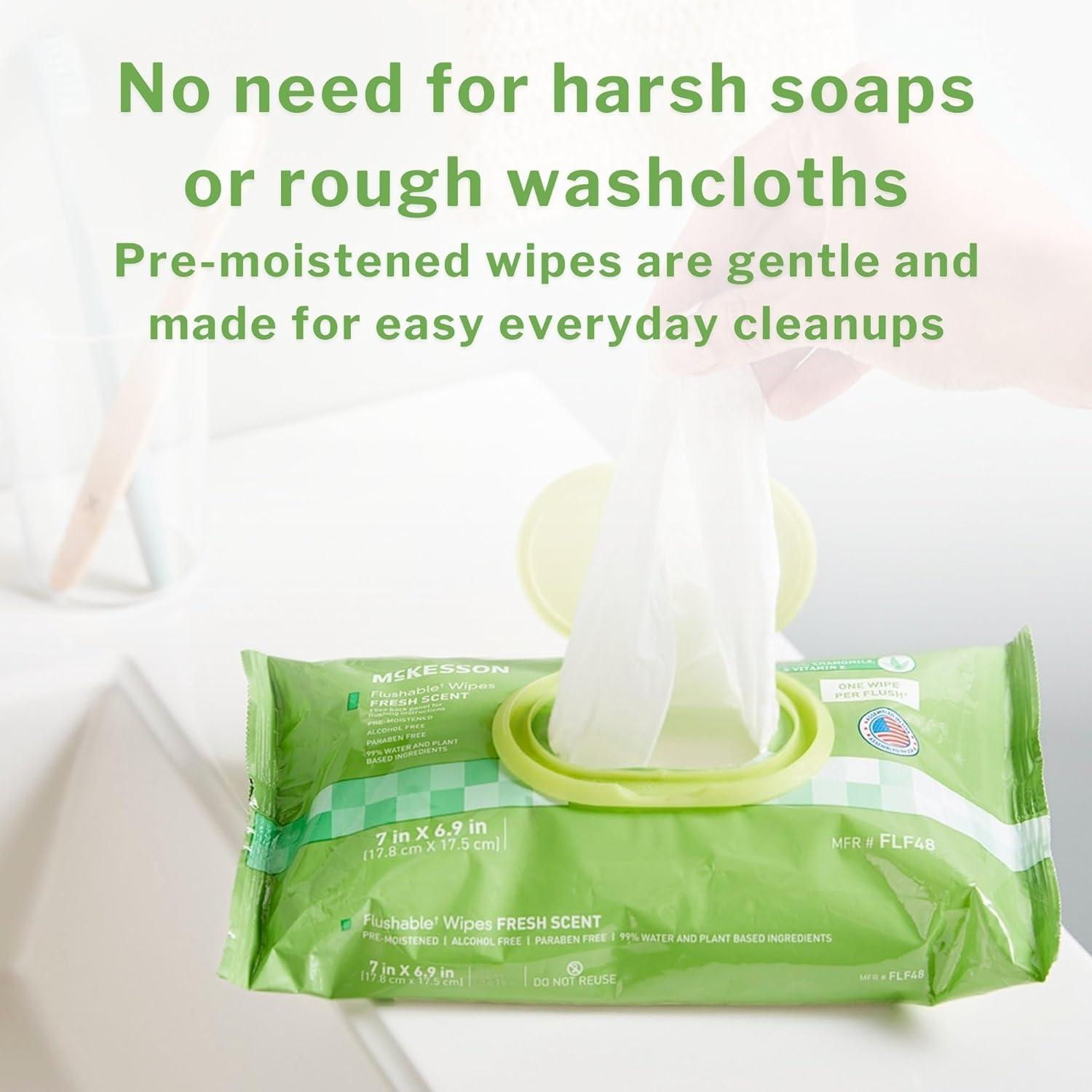image:imageMcKesson Flushable Adult Wet Wipes 144 Wipes 3 Pack of 48 Aloe amp Vitamin E PlantBased Cleansing Wipes Scented