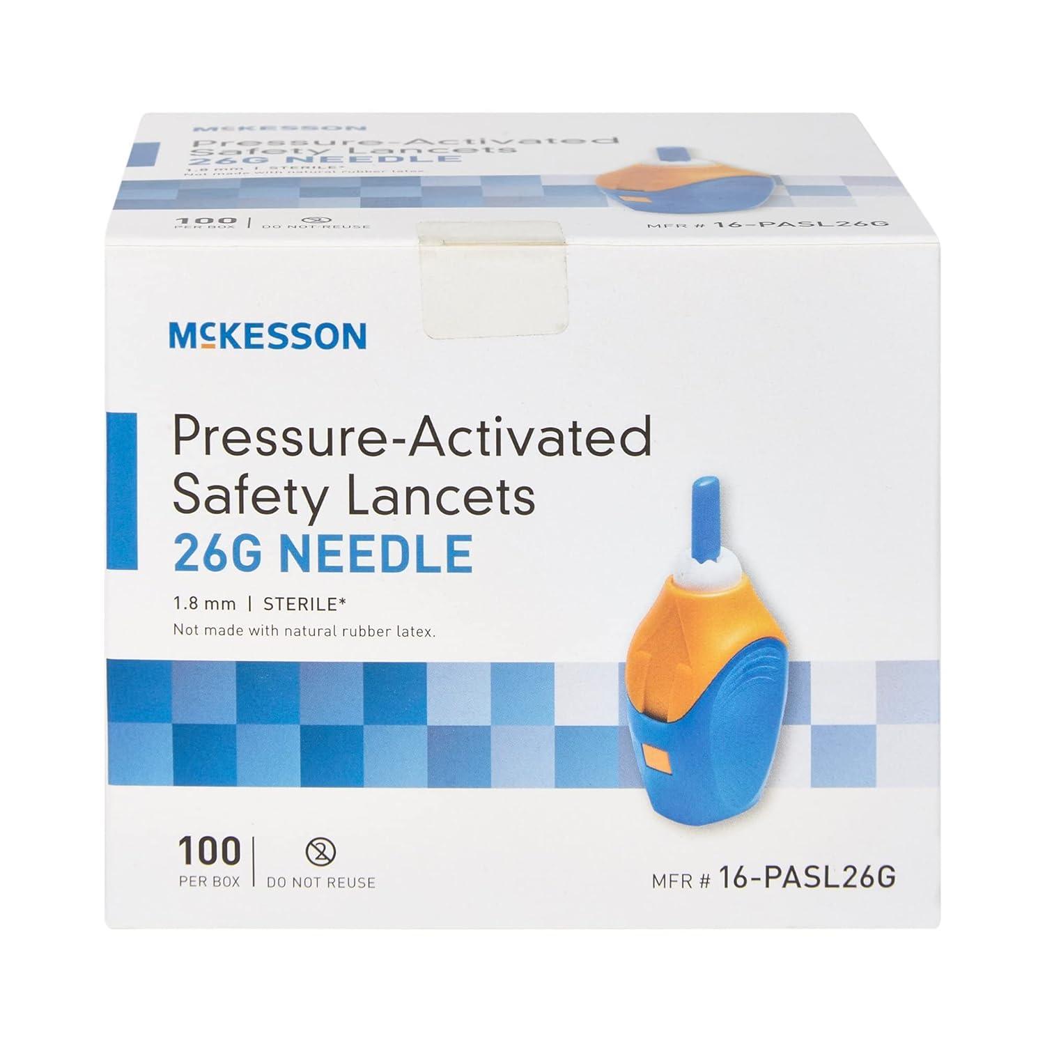 image:imageMcKesson Lancets for Diabetes Testing 100 Count Lancing Device for Blood and Glucose Test 26G x 18 mm PressureActivated Sterile Single Use26 Gauge 100 ct