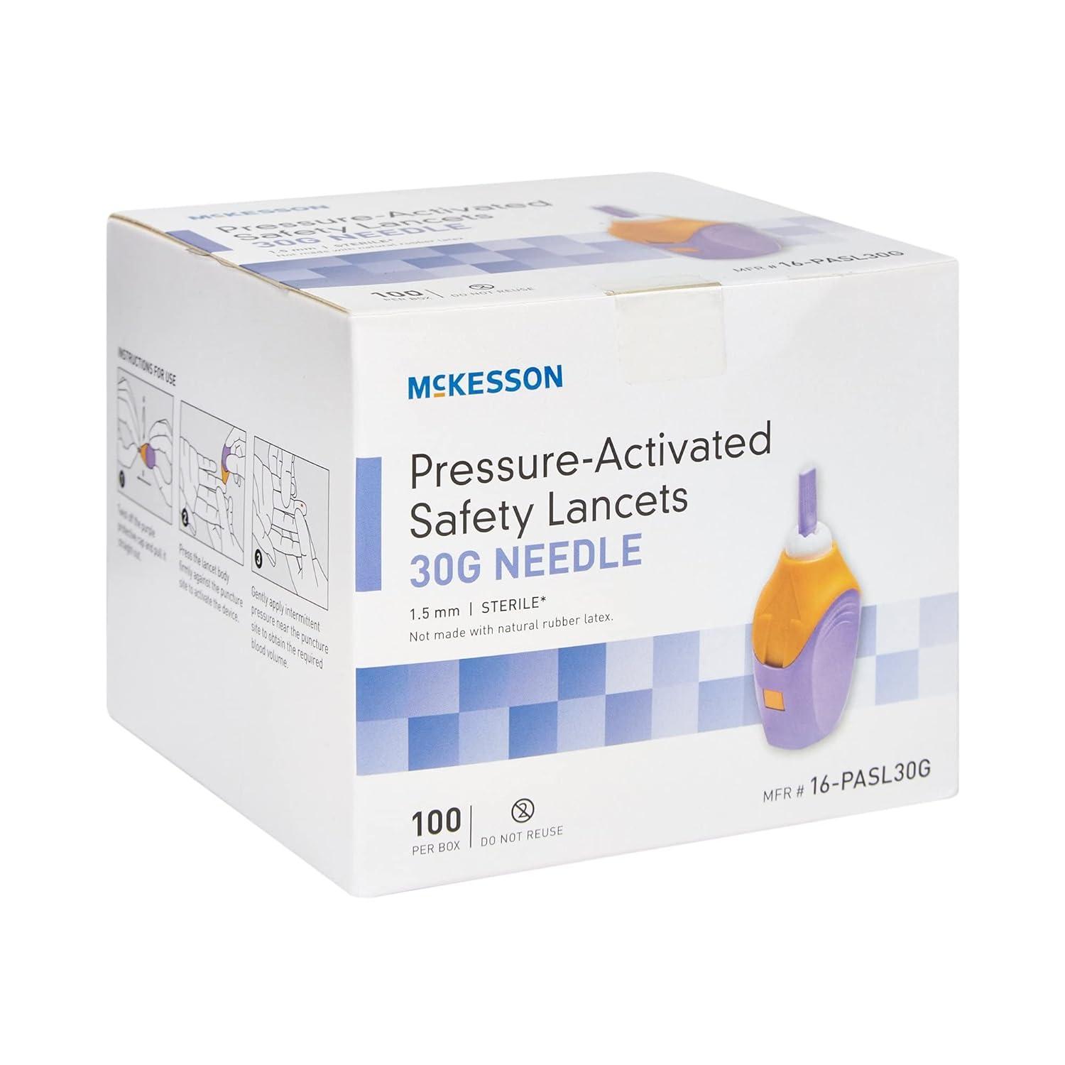image:imageMcKesson Lancets for Diabetes Testing 100 Count Lancing Device for Blood and Glucose Test 26G x 18 mm PressureActivated Sterile Single Use30 Gauge 100 ct