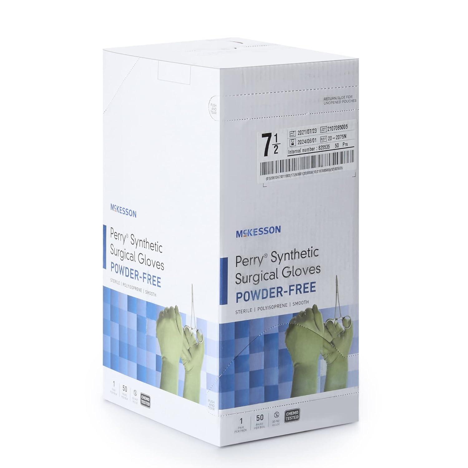 image:imageMcKesson Perry Synthetic Surgical Gloves 200 Pairs Sterile Polyisoprene Disposable PowderFree Professional Medical and Healthcare Chemo Tested Size 85 GreenSize 75 50 ct
