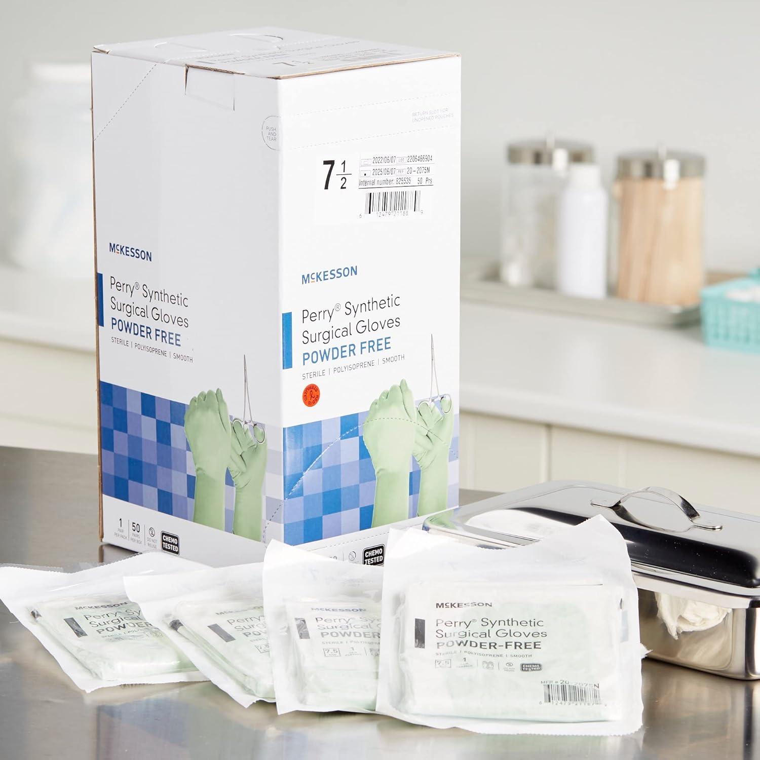 image:imageMcKesson Perry Synthetic Surgical Gloves 200 Pairs Sterile Polyisoprene Disposable PowderFree Professional Medical and Healthcare Chemo Tested Size 85 GreenSize 75 200 ct
