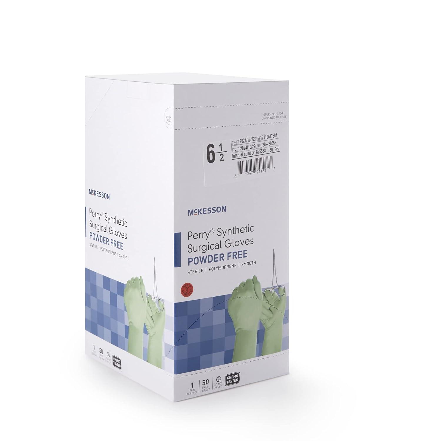 image:imageMcKesson Perry Synthetic Surgical Gloves 200 Pairs Sterile Polyisoprene Disposable PowderFree Professional Medical and Healthcare Chemo Tested Size 85 GreenSize 65 200 ct