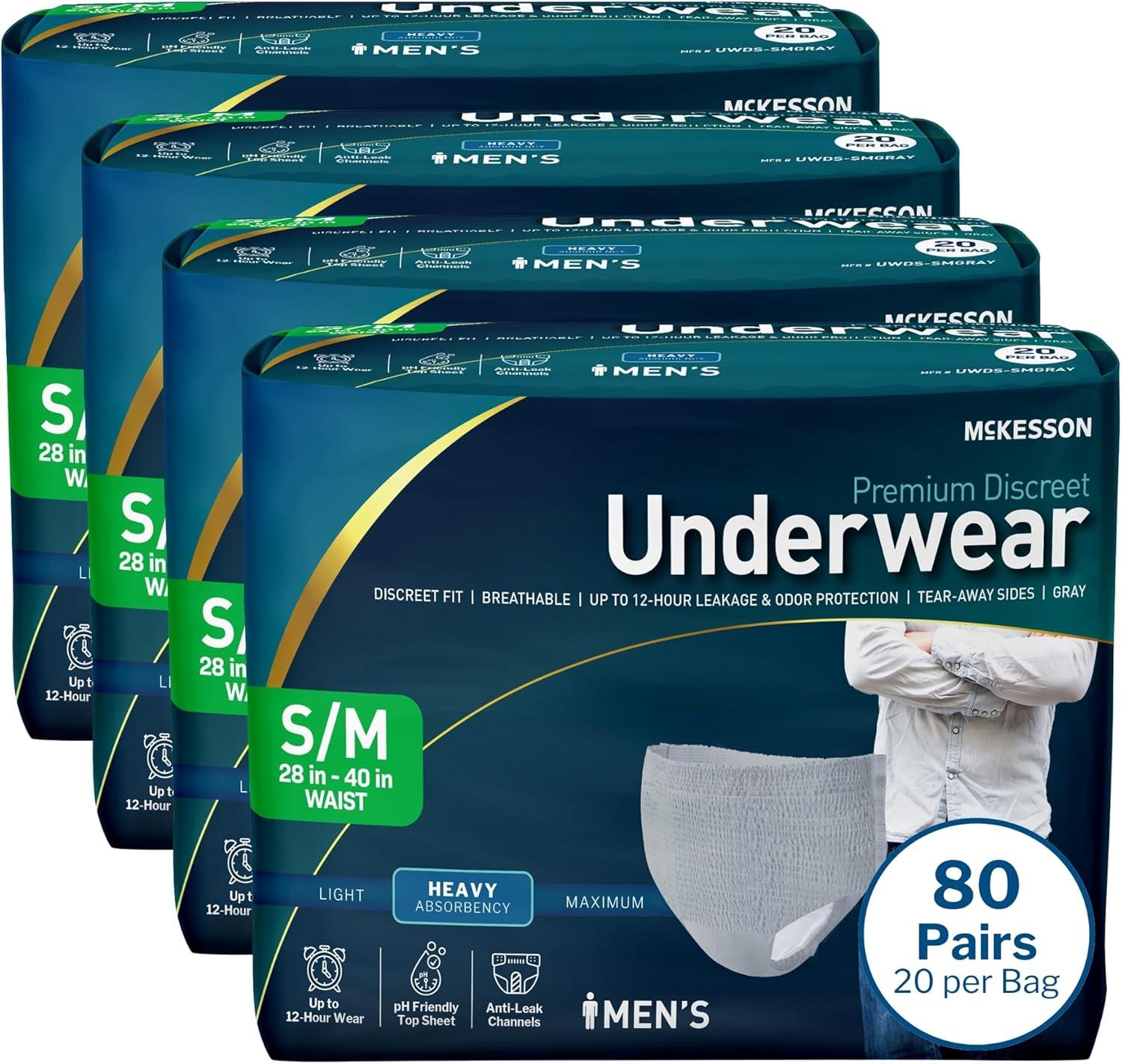image:imageMcKesson Premium Discreet Underwear for Men 20 Adult Briefs PullOn Disposable Incontinence Briefs Tear Away Seams Heavy Absorbency 12Hour Leak amp Odor Protection SmallMedium 2840 inSmallMedium