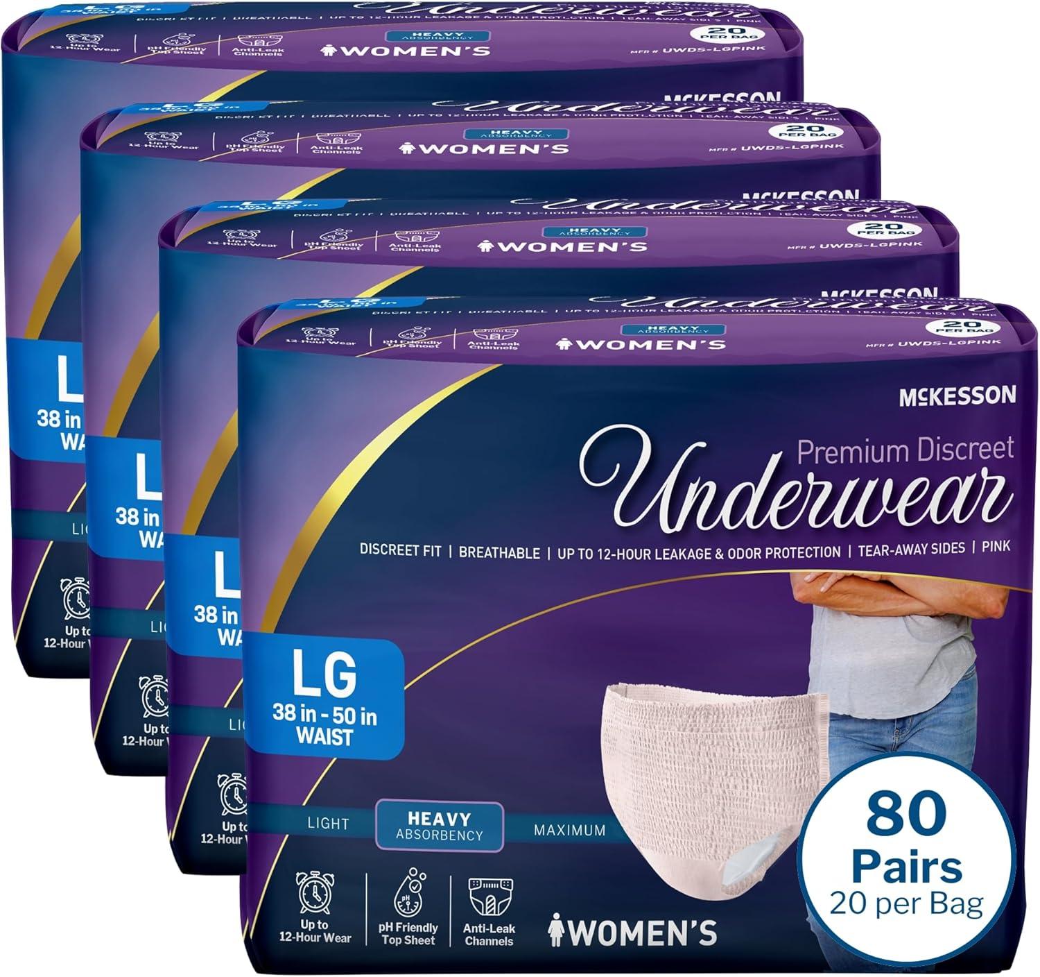 image:imageMcKesson Premium Discreet Underwear for Women 20 Adult Briefs PullOn Disposable Incontinence Briefs Tear Away Seams Heavy Absorbency 12Hour Leak amp Odor Protection XLarge 4864 inLarge