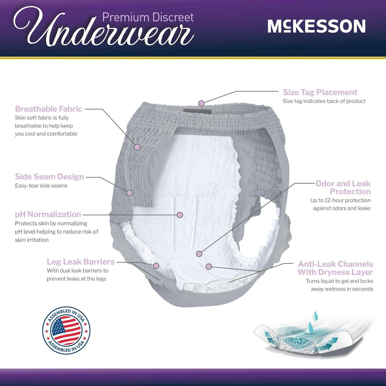image:imageMcKesson Premium Discreet Underwear for Women 20 Adult Briefs PullOn Disposable Incontinence Briefs Tear Away Seams Heavy Absorbency 12Hour Leak amp Odor Protection XLarge 4864 inLarge