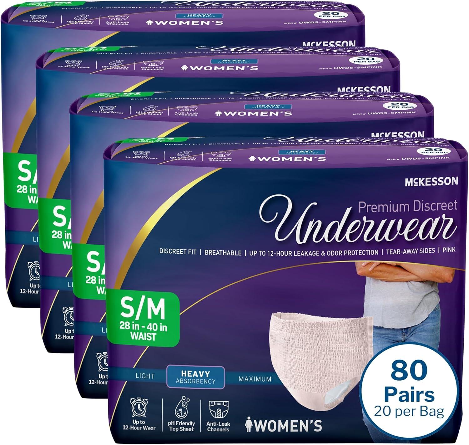 image:imageMcKesson Premium Discreet Underwear for Women 20 Adult Briefs PullOn Disposable Incontinence Briefs Tear Away Seams Heavy Absorbency 12Hour Leak amp Odor Protection XLarge 4864 inSmallMedium