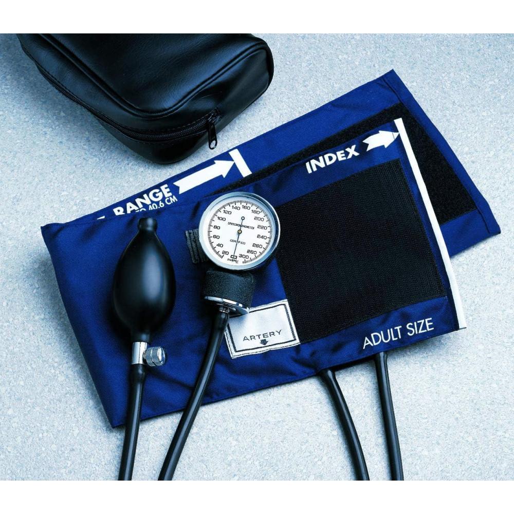 image:imageMcKesson Basic Pocket Aneroid Sphygmomanometer Blood Pressure Gauge and Cuff 2 Tubes for Small Adults Navy Blue Large Cuff 12 cm to 17 cm 216 in Long Tubes 1 CountSmall Adult Cuff