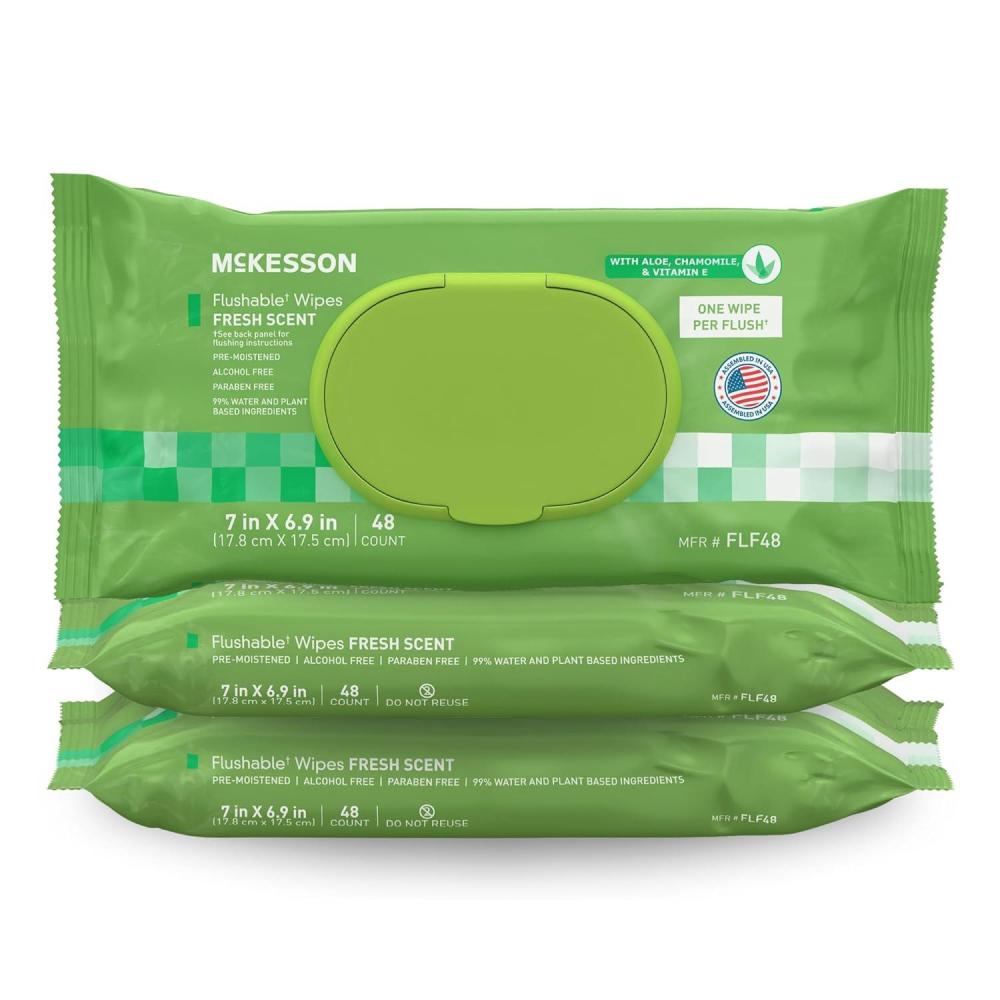 image:imageMcKesson Flushable Adult Wet Wipes 144 Wipes 3 Pack of 48 Aloe amp Vitamin E PlantBased Cleansing Wipes Scented