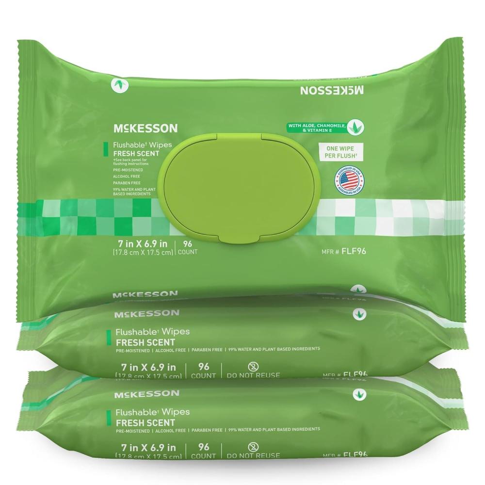 image:imageMcKesson Flushable Adult Wet Wipes 288 Wipes 3 Pack of 96 Aloe amp Vitamin E PlantBased Cleansing Wipes Scented