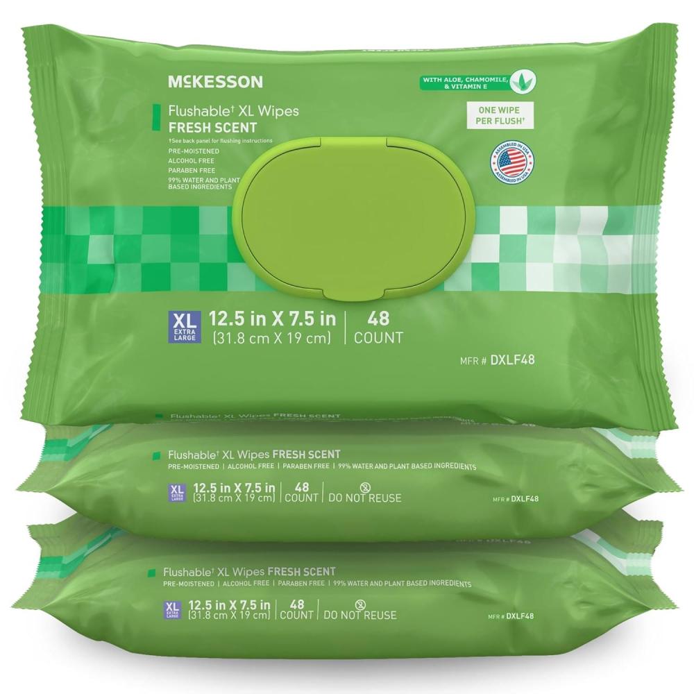 image:imageMcKesson Flushable Adult Wet Wipes XL 144 Wipes 3 Pack of 48 Aloe amp Vitamin E PlantBased Cleansing Wipes Scented Extra Large
