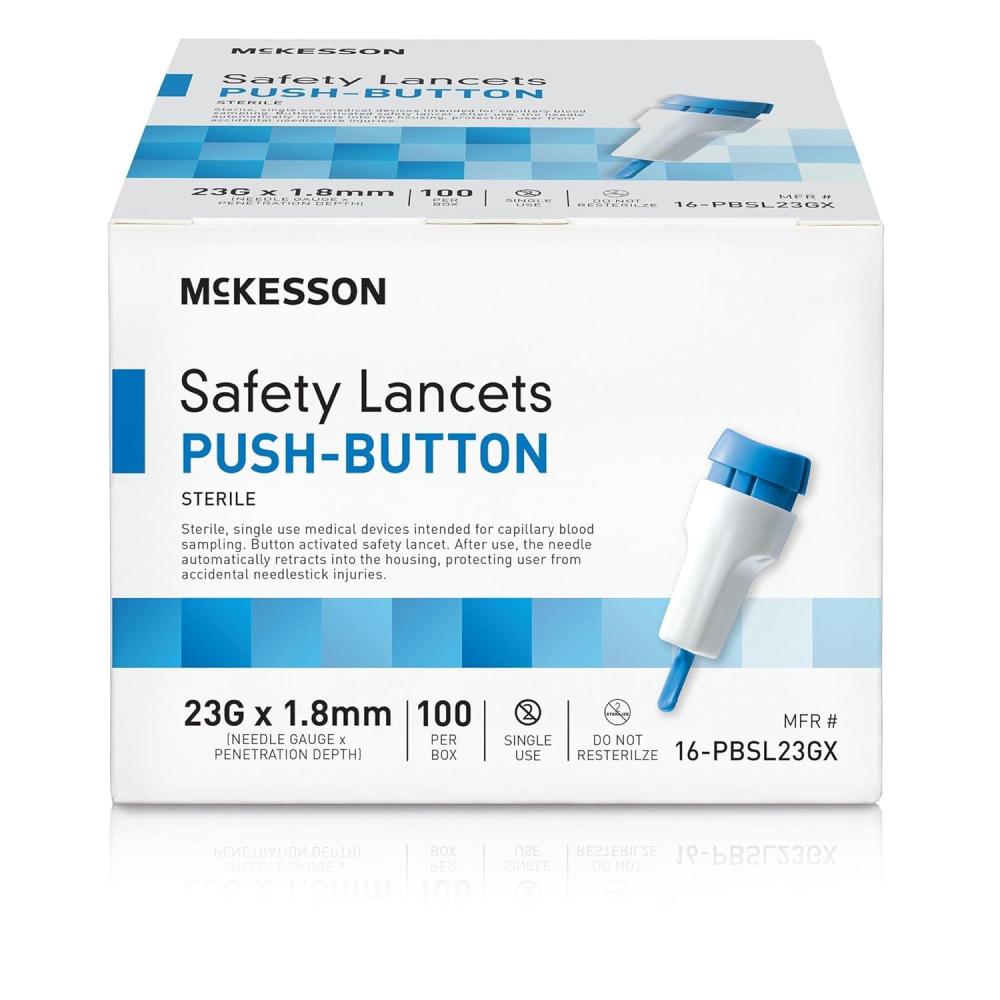 image:imageMcKesson Lancets for Diabetes Testing 100 Count Lancing Device for Blood and Glucose Test 23G x 18 mm Push Button Activation Sterile Single Use100 Count