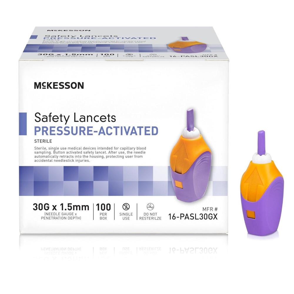 image:imageMcKesson Lancets for Diabetes Testing 100 Count Lancing Device for Blood and Glucose Test 26G x 18 mm PressureActivated Sterile Single Use30 Gauge 100 ct