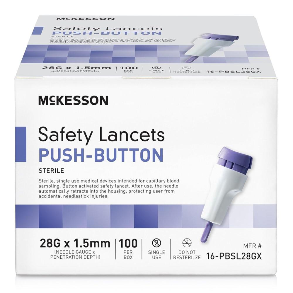 image:imageMcKesson Lancets for Diabetes Testing 100 Count Lancing Device for Blood and Glucose Test 28G x 15 mm Push Button Activation Sterile Single Use100 Count